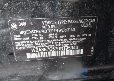 2016 BMW 340I xDrive z USA, uszkodzony, nr VIN WBA8B7G57GNT95943